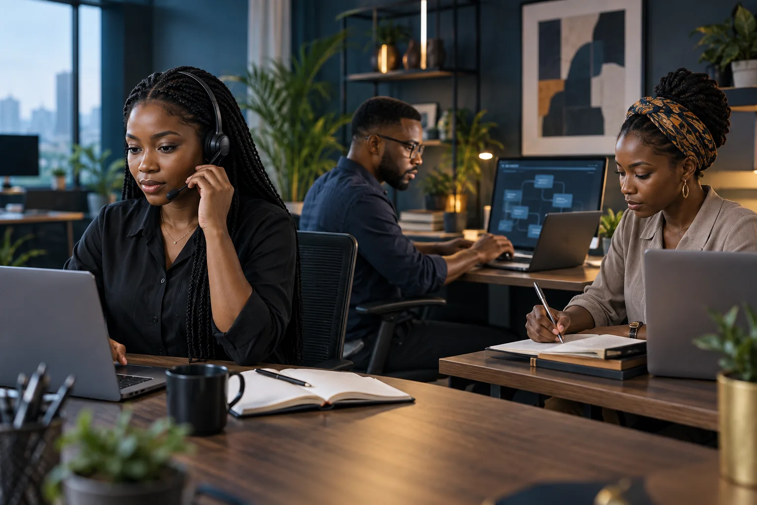 Three young African professionals collaborating in a contemporary workspace